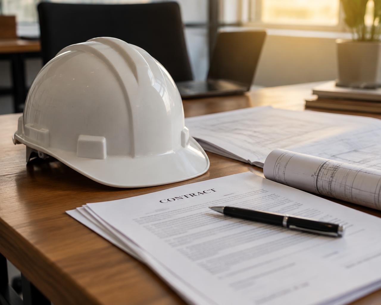 Hard hat beside legal documents and blueprints